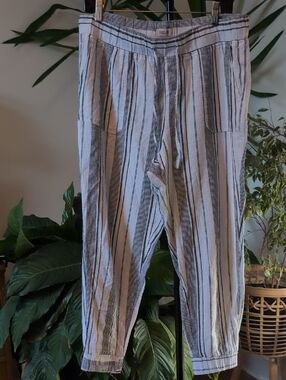 Per Se Black and White Striped Linen Blend Joggers